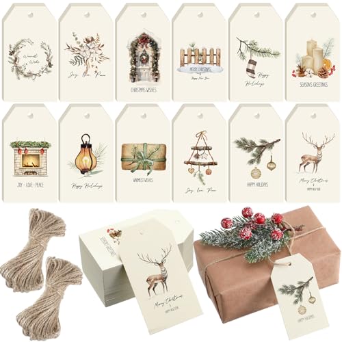 Epakh 240 Pcs Rustic Christmas Gift Tags with Rope Vintage Farmhouse Coastal Paper Tags Bulk Xmas Winter Hanging Labels for Christmas Party Gift Wrapping DIY Crafts(Classic)