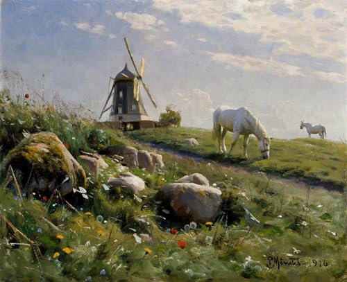 Tableau Chevaux broutant Peder Monsted impression d'art sur toile 60x90cm pour décoration murale