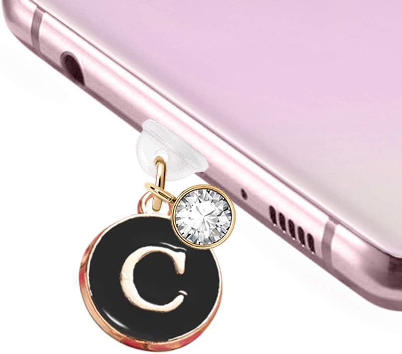 ELISE & FONDA TP29 New Type-C Charging Port Anti Dust Plug Cute Round Initial Letter C Pendant Cell Phone Charm for Samsung/OnePlus/Xiaomi/Oppo Android Phone iPhone 15/16 (Black)