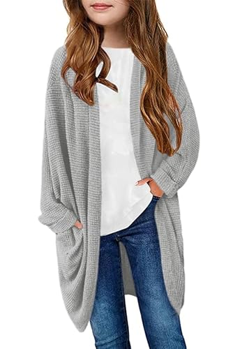 Teen Girls Batwing Long Sleeve Sweaters Fashion Open Front Kint Long Cardigan Cute Outwear With Pockets Size 10-12 Light Grey #TOP22