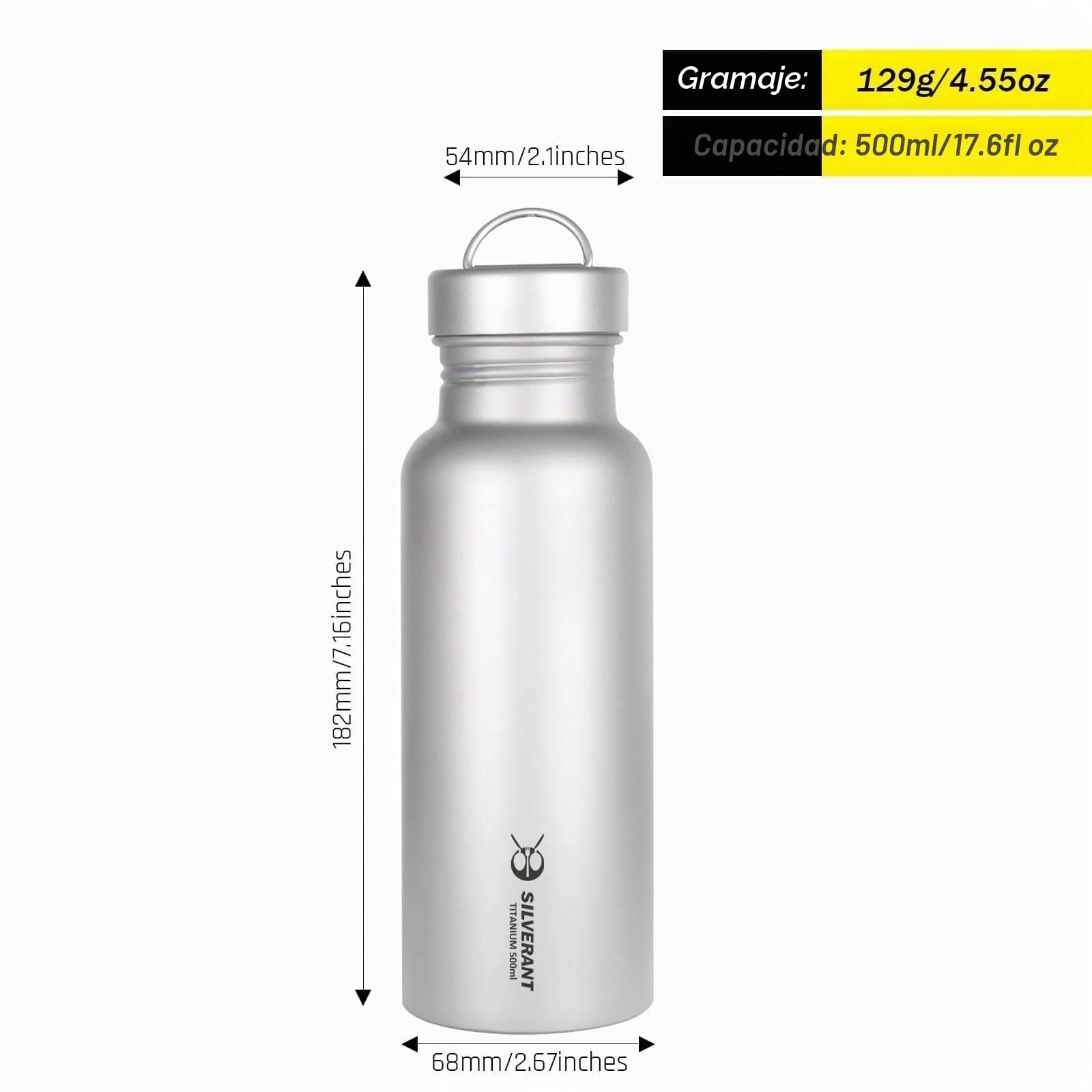 SILVERANT Botella de agua de titanio, ultraligera para camping, botella de hidratación para senderismo al aire libre (500 ml, redonda)