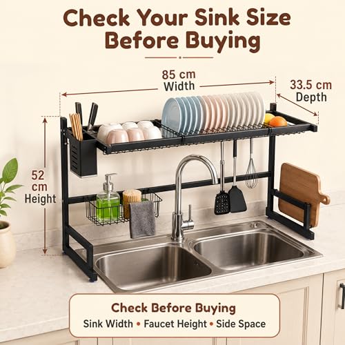 Image of Homero Adjustable Over Sink Dish Drying Rack | Multipurpose Kitchen Sink Organizer with Plate Holder, Cup Stand, Knife Holder & Hooks | Heavy-Duty Rustproof Dish Drainer for Kitchen Counter Storage
