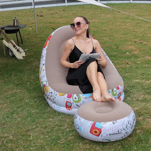 Image of Primechoice Pu, Plastic Inflatable Lounge Chair with Footrest 2-in-1 Air Sofa for Adults, Folding Portable Lazy Recliner with Pump for Indoor Living Room, Office, Outdoor Camping (Graffiti Grey)