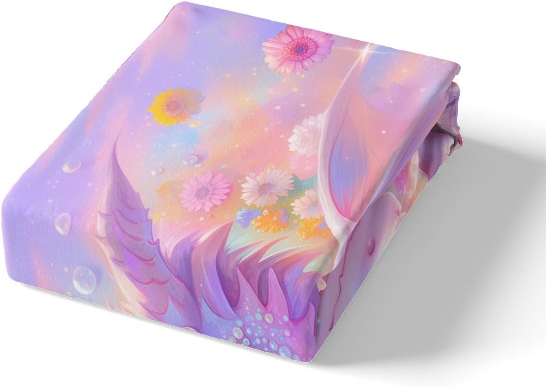 Manfei Dragon Kids Fitted Sheet Twin Size, Pink Yellow Flower Bedding Set for Girls Women Room Decor, Fairy Tale Animal Bed Cover with 1 Pillowcase, Soft Polyester Bedding, No Top Sheet