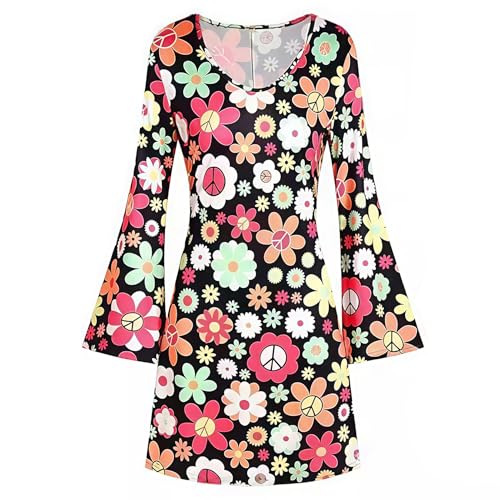 60s 70s Hippie Disco Dress Costume Women's Retro Disco Outfit Women Halloween Floral Dresses (US, Alpha, Large, Regular, Regular, Black Flowers)