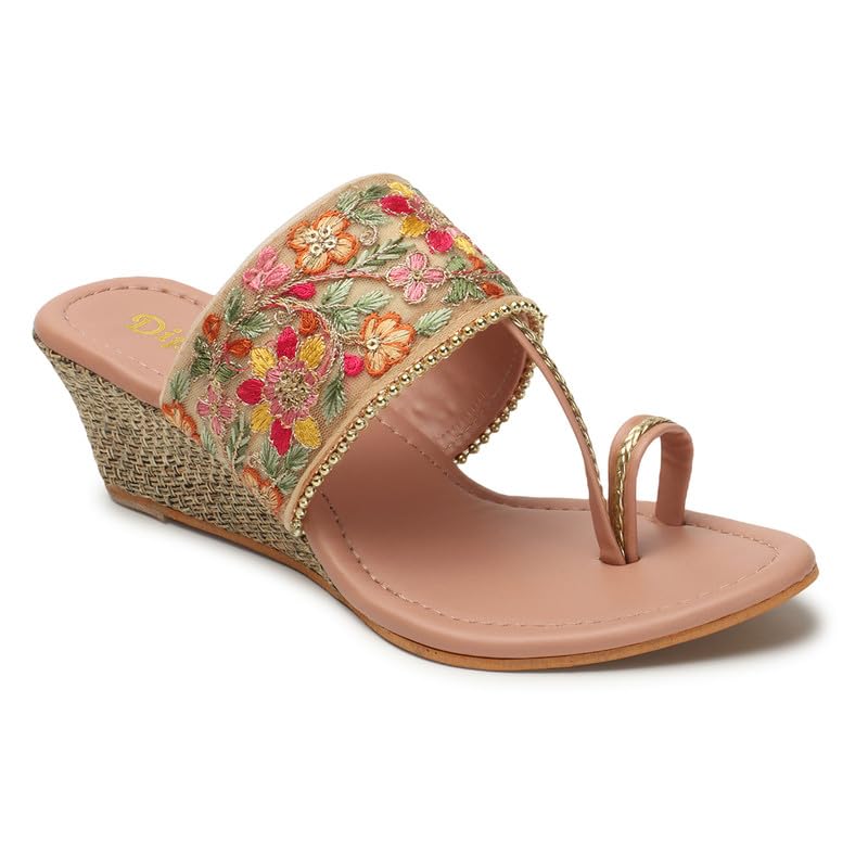 Image of DIPYO Floral Embroidered Ethnic Wedge Heel Slip-On Sandals for Women (Golden, Pink)