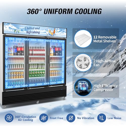 Commercial Beverage Refrigerator, 75" W 60 Cu. Ft. Commercial Drink Fridge, Display Refrigerator with 3 Glass Door, Commercial Display Fridge with 12 Adjustable Shelves, for Shop, Restaurant, Bar