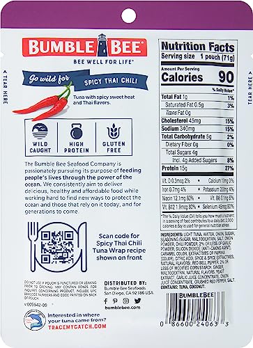 Bumble Bee Spicy Thai Chili Seasoned Tuna, 2.5 Oz Pouches (Pack Of 12) - Ready To Eat - Wild Caught Tuna Pouch - 15G Protein Per Serving - Gluten Free #TOP4