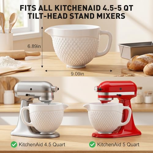 Image of COFUN Ceramic Mixer Bowl for KitchenAid 4.5-5 Qt Tilt-Head Stand Mixers | Mixing Bowl with Handle & Pour Spout, Oven /Microwave /Dishwasher Safe