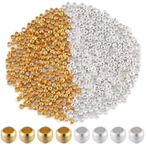 SOFPLATE 1 Box 2000Pcs 2mm Crimp Beads Metal Round Crimp Beads Gold Silver Spacer Stopper Bead Clamp Ends Rondelle Crimper Bead for Jewelry Making Supplies Crimping Beads DIY Bracelet Earring Crafts