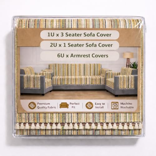 Image of Gifts Island Woven Acrylic Cotton Sofa Cover Mat, Brown Striped with Decorative Tassels, Non-Slip Design with Elastic Straps, 3 Seater and 1 Seater Mats with 6 Armrest Covers (Brown, 3+1+1 Seater)