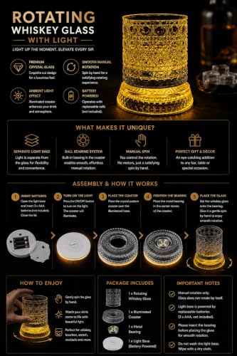 Image of IndElite Luxury Rotating Whiskey Glass | Crystal Cut Spinning Whisky Glass with LED Light Coaster | Premium Barware Gift for Men & Whiskey Enthusiasts (Pack of 1)