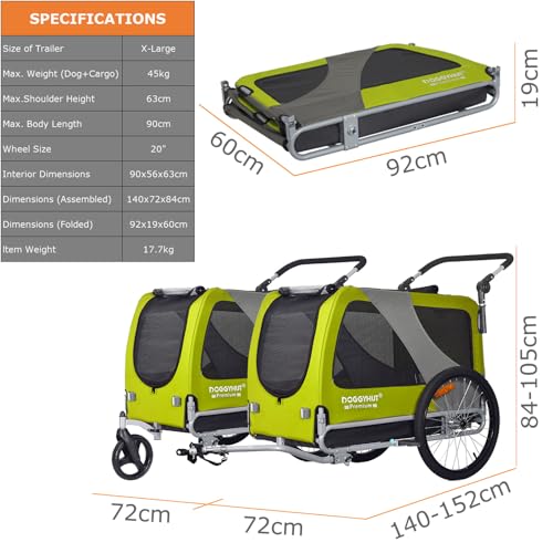 DOGGYHUT® Premium XL 2 in 1 Hundefahrradanhänger & Jogger 23-45 kg Fahrradanhänger für Hunde Hundeanhänger für Fahrrad Jogger 80106 (GRÜN Lemon)