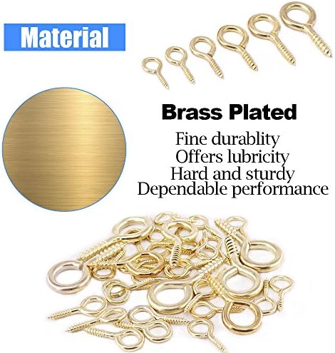 Glarks 100-Pieces 6 Size Brass Plated Lag Eyebolts Screw-in Eye Shape Screw Hooks Hanging Hooks Assortment Set