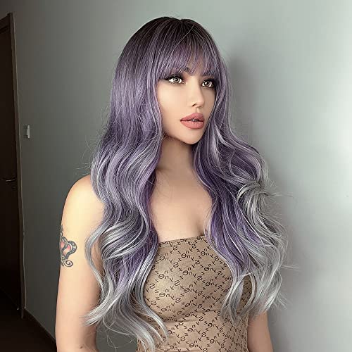 Ishine Wigs For White Women, Long Wavy Curly Colored Wigs With Bangs, Purple Omber Gray Synthetic Wigs For Daily Cosplay Party Replacement Wig 24 Inches #TOP2