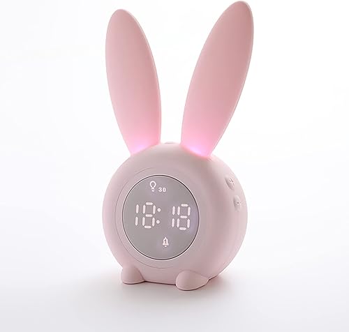 KDtech - Reloj despertador para niños con luz nocturna, 6 tonos de llamada, lindo reloj despertador digital de conejo rosa para niños, control