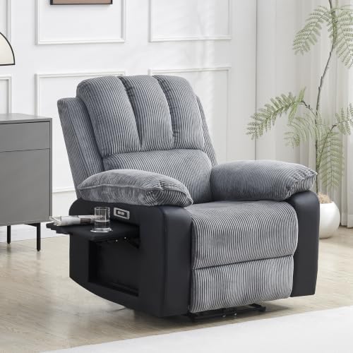 Image of Electric Recliner Chair Massage & Heat Recliner Armchair with Foldable Side Table, Extended Footrest, USB & Type-C Charging Ports, Power Recliner Sofa Chair for Living Room (Grey Single Upgraded)