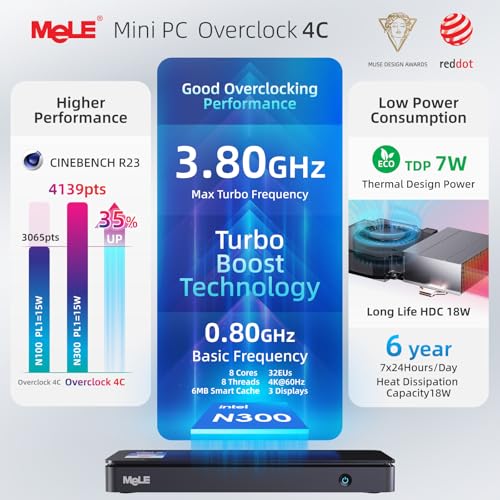 Image of MeLE Overclock4C N300 Mini PC with Win 11 Pro(up to 3.8GHz 8C /8T) 16GB DDR4 512GB Micro Desktop Computer,4K Triple Display, All-in-one USB-C, USB3.2 /WiFi /BT /Ethernet on Business Home Office