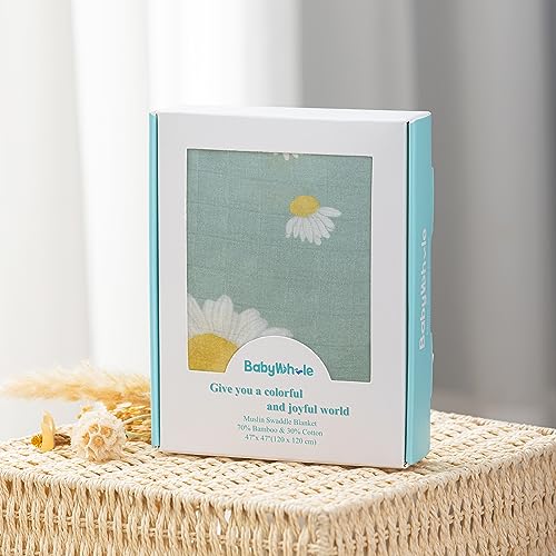 Image of BabyWhale Muslin Swaddle Blanket with Hat and Headband Bow, Daisy Pattern Swaddle Set for Baby Boys & Girls, Soft Receiving Blanket, 47x47 inches, Green