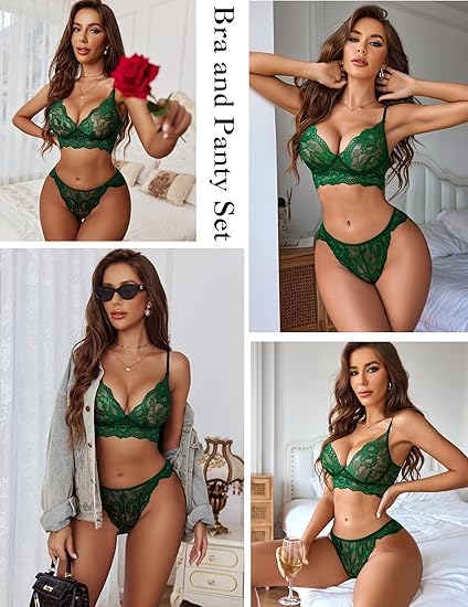 Image of LOURYN KOULYN Women's Lace Lingerie Bra and Panty Set Strappy Babydoll Bodysuit