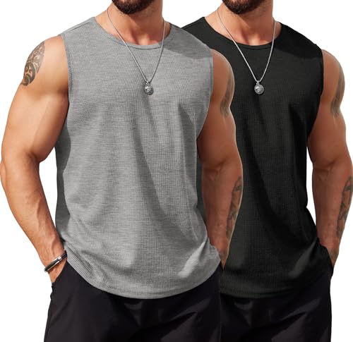 COOFANDY Men's Workout Tank Tops Sleeveless Gym Muscle Tee Shirts 2 Pack Casual Breathable Waffle Knit Tanks