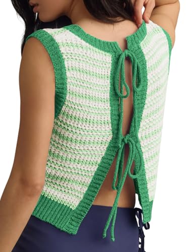 Image of Yousify Women Crochet Vest Top Y2k Tie Front Sweaters Vest Open Front Crop Tops Trendy Seaside Swim Cover ups Green L
