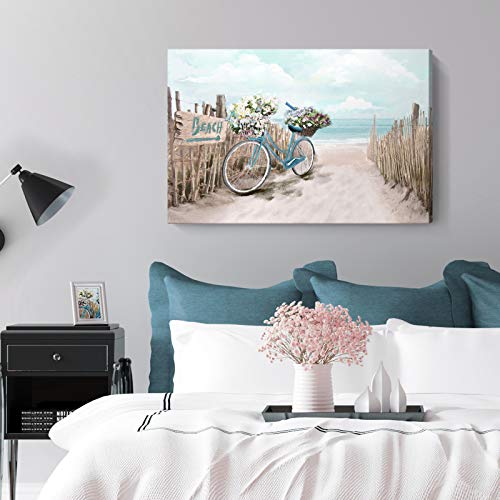 Large Wall Art for Living Room Décor Beach Picture Wall Art Modern Framed Sea Seaside Bicycle Canvas Print Seascape Artwork Ocean Painting for Home Bedroom Teal Aqua Turquoise 36x24inch - Image 5