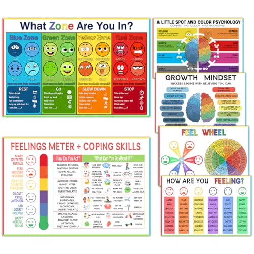 Conjunto de 6 pôsteres Zone of Regulation para autismo e TDAH - Kit de ferramentas Calm Down Corner