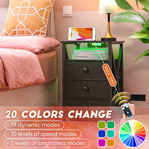 Amhancible Night Stand Set 2, Led Nightstand With Wireless Charging Station, End Side Tables With Usb Port & Outlet, Smart Bedside Table With Fabric Drawers For Bedroom Living Room Het053Lbk #TOP1