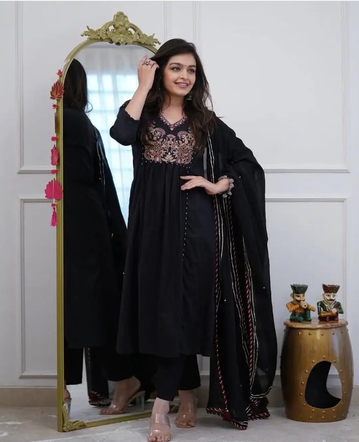 COTTON KURTI PANT WITH DUPATTA SUIT SET EMBROIDERED ANARKALI STYLE