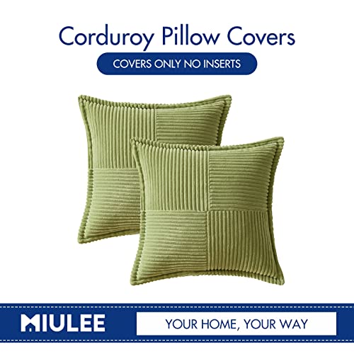 Image of MIULEE Spring Decorative Throw Pillow Covers for Couch Bed Livingroom 18x18 Inch Set of 2 Green Boho Accent Throw Pllows Broadside Striped Patchwork Soft Corduroy Summer Pillowcases