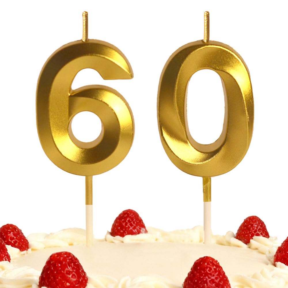 Xueliyun Gold 60Th Birthday Candles Number 60 Happy Birthday Candles Cake Topper Decorations For Children Birthday Party For 3D Designed Wedding Anniversary Party Wedding Anniversary Celebration Supply