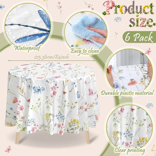 Image of Ganeen 6 Pcs Wildflower Plastic Tablecloth 84 Inch Spring Round Tablecloths Floral Theme Birthday Decor Disposable Plastic Round Waterproof Table Covers for Holiday Weeding Tea Decoration Party Favor