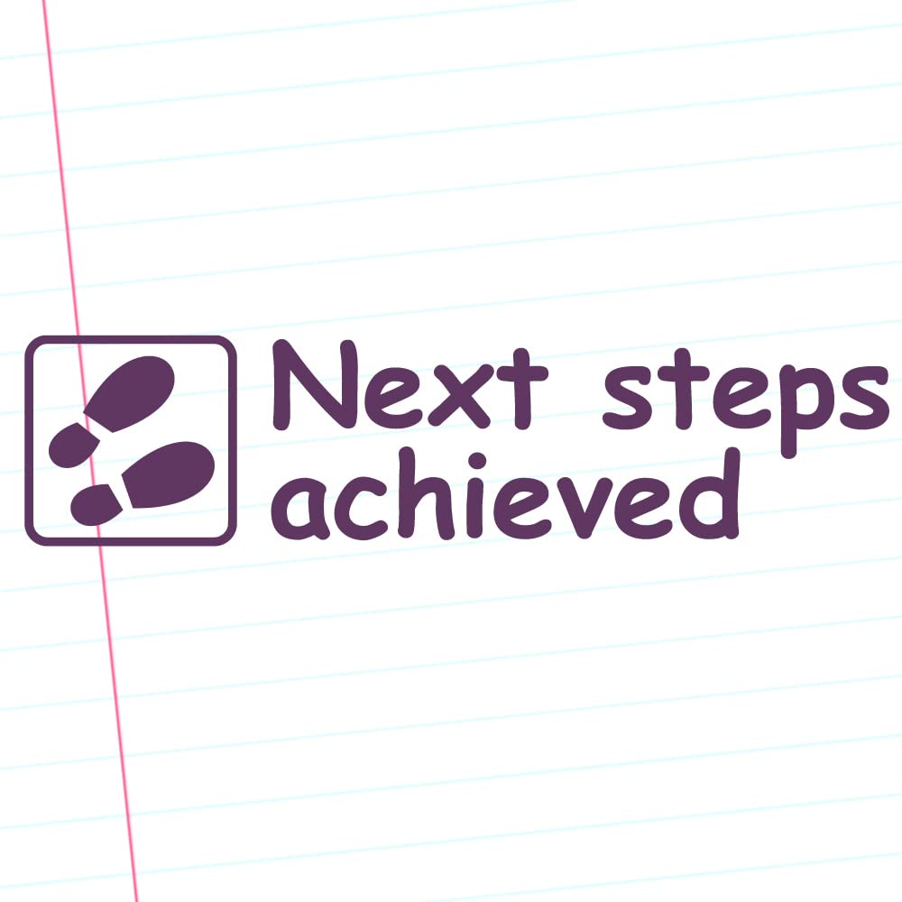 Classroom Capers Next Steps Achieved Teacher Stamp. Self-Inking, 12X33mm Image, Stamper For Teacher Marking And Feedback. Violet Ink.