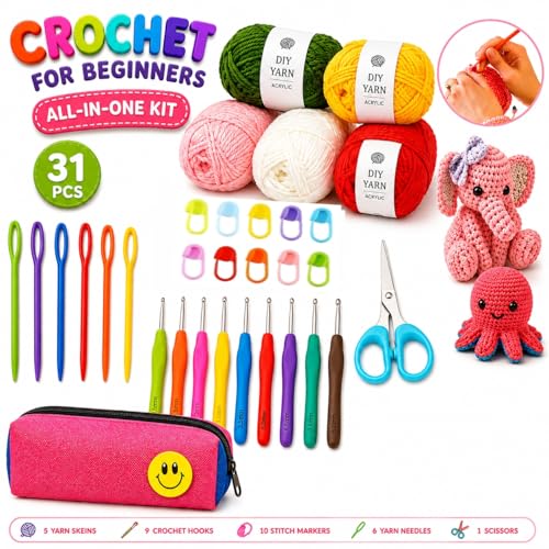 Image of Crochet Kit with Soft Grip Handles - Full Crochet Hook Set for Beginners & Yarn Lovers - Ergonomic Crochet Tools for DIY Craft & Gifting (Crochet Kit 31 pcs)