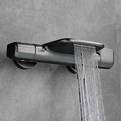 Robinet de baignoire cascade gris thermostatique mural avec kit douchette complet
