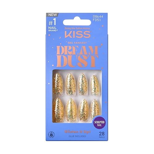 KISS False Nails Kit, Dreamdust Ready to Wear Gel Sculpted Nails, Stick and Glue Included, Long Length, Almond Shape with Gold Glitter Effect, Long-Lasting Hottest Trend Glue on Nails - Sparkle Dust