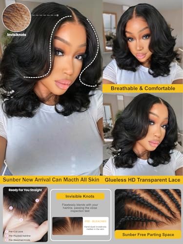 Image of Sunber Glueless Yaki Straight Bob Wigs Pre Plucked Pre Bleached 12inch | Bye Bye Knots Human Hair Wig Natural Black Pre Cut 7x5 Lace 150% Density Put On Go Pre Bleached Invisible Knots