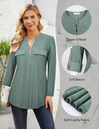 Image of Bulotus 3 /4 Length Sleeve Womens Striped Tops Zipper V Neck Collared Blouses Business Casual Tunics 2026 Spring Trendy