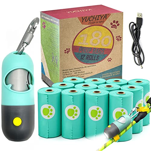 Image of Dog Poop Bags Holder with LED Flashlight Doggie Poo Bag Dispenser for Leash Hands-free Pet Waste Bags Pouch with Rechargable Battery and USB cable (1 Holder 195 Bags, Mint Green)