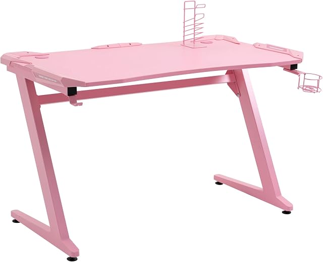 HOMCOM Gaming Desk, Ergonomic Home Office Desk, Gamer Workstation Racing Table, with Headphone Hook and Cup Holder, 122 x 66 x 86cm, Pink
