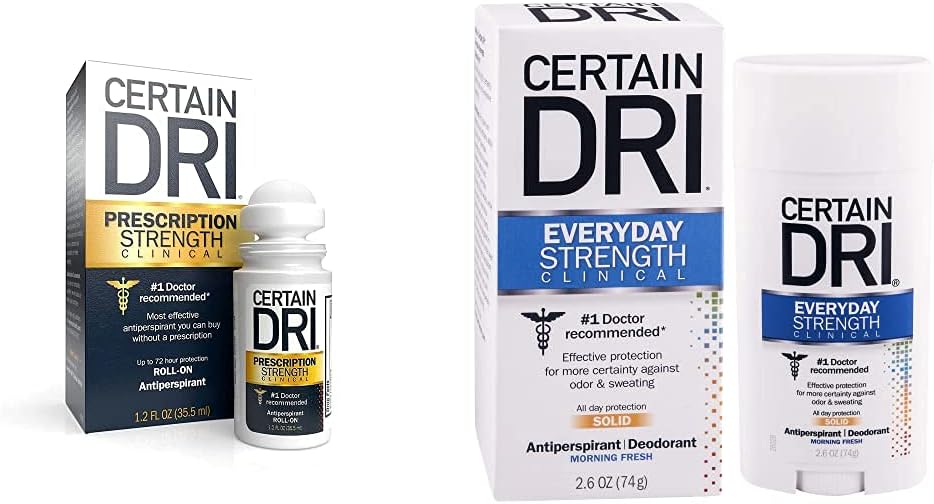 Certain Dri Prescription Strength Hyperhidrosis Treatment - 72 Hour Protection, 1.2oz + Everyday Strength All Day Protection Against Odor and Sweat, 2.6oz