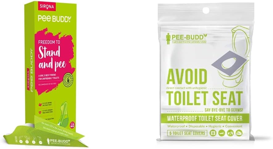Peebuddy Disposable Female Urination Device Portable, Leak-Proof Stand And Pee Funnels For Women, 40 Funnels & PeeBuddy Waterproof Toilet Seat Cover (5 Toilet Sheets)