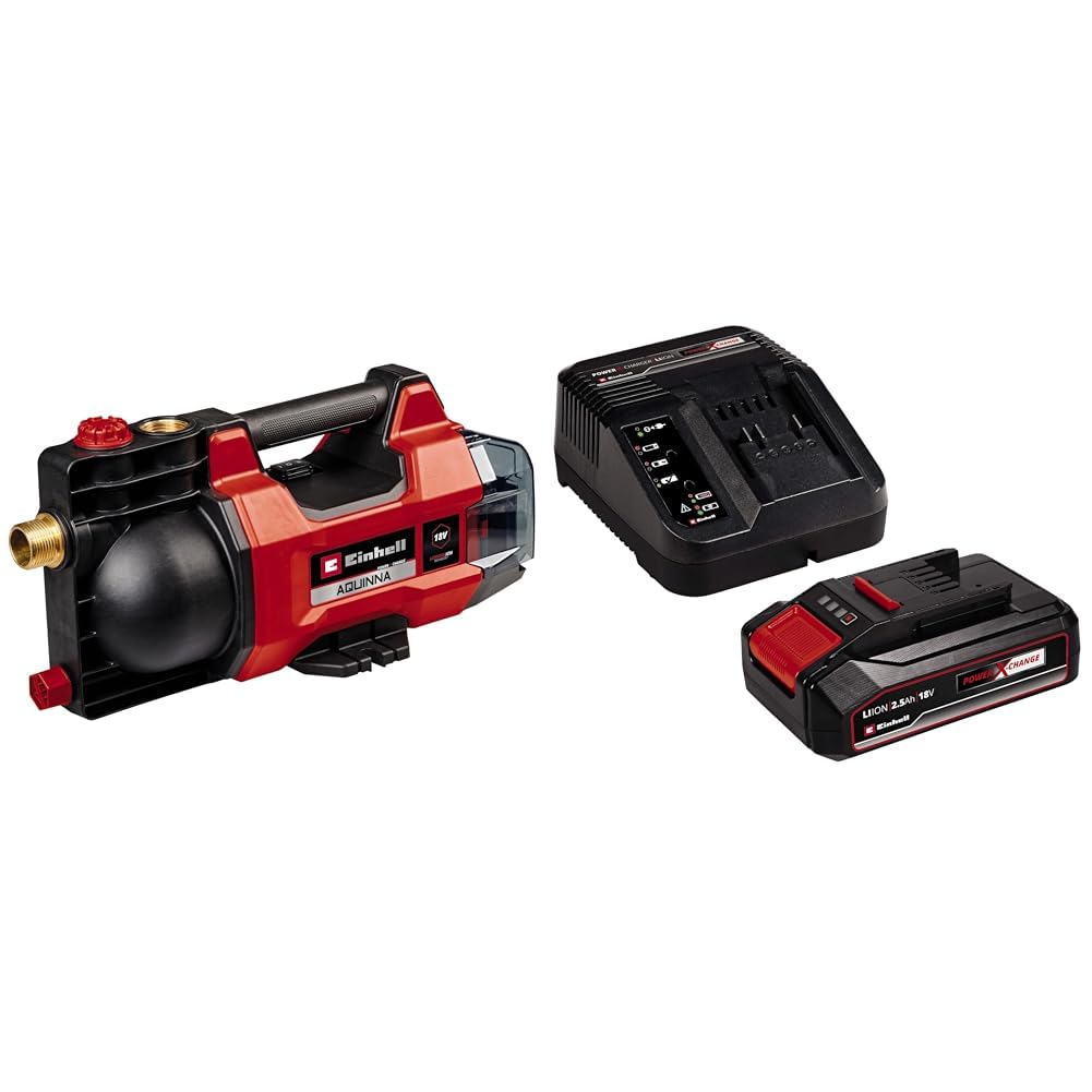 Einhell Pompe d’arrosage sans fil AQUINNA 18/28 Power X-Change (18V, débit max. 2 800 L/h, refoulement max. 25 m, modes ÉCO/BOOST, protections antisurcharge et antigel) avec Chargeur et Batterie 2,5Ah