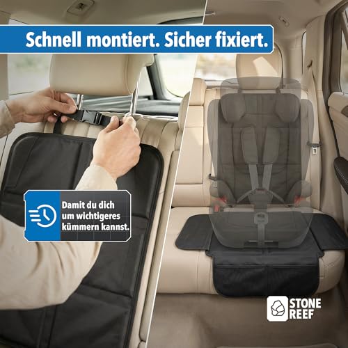 STONE REEF Kindersitzunterlage Auto 25×23×10.5 cm – Sitzschoner [wasserabweisend, 600D Oxford] mit EPE-Polsterung – Autositzschutz Isofix geeignet – Schutzmatte Kindersitz Auflage – Schwarz – Faltbar