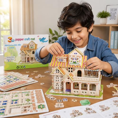 Image of Premimum 3D DIY House Puzzle Kit for Kids | Build & Assemble Model Craft Set | Creative Construction Toy for Skill Development, Educational & Imaginative Play Friendly Cardboard Puzzle Houses