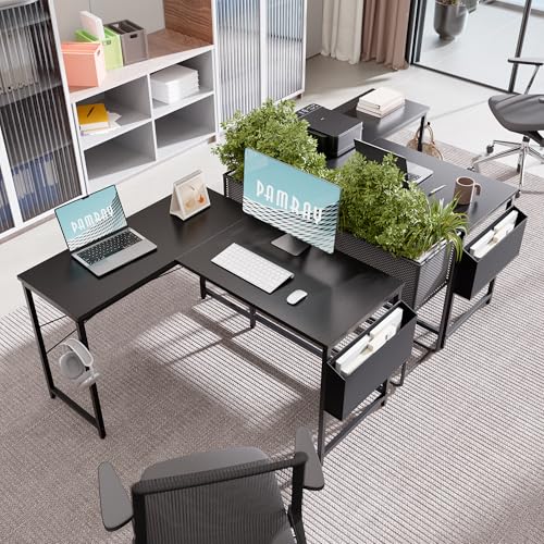 Image of Pamray 47 Inch Reversible L Shaped Gaming Desk Corner Computer Desk with Storage Bag Home Office Table for Writing Study Black