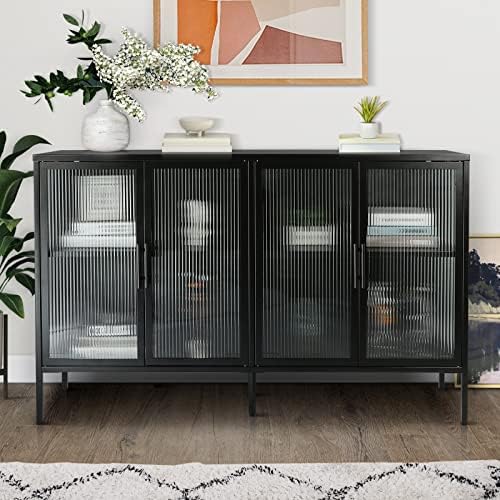 IKAYAA Metal Storage Cabinet Sideboard Buffet Cabinet with 4 Fluted Glass Doors and Adjustable Shelf Console Table Bookcase for Entryway Office Living Dining Room Black
