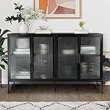 IKAYAA Metal Storage Cabinet Sideboard Buffet Cabinet with 4 Fluted Glass Doors and Adjustable Shelf