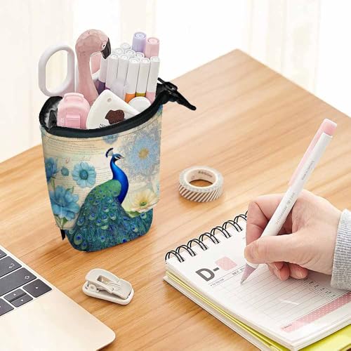 Image of Swono Peacock Pencil Pouch Elegant Big Bird Floral Stand Up Pencil Case Organizer Pencil Holder Makeup Bag Gift Colorful